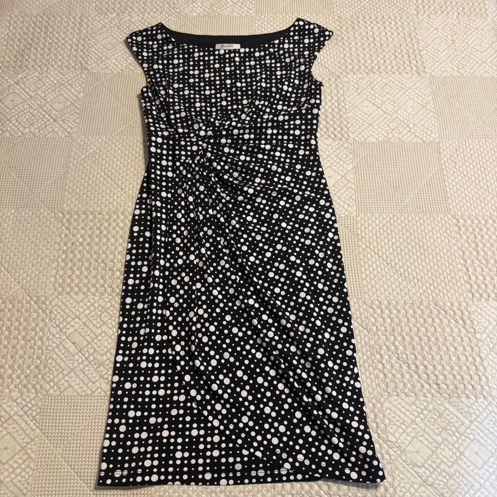 Y2K Office Siren Dressbarn black & white polka dot dress with ruched detail